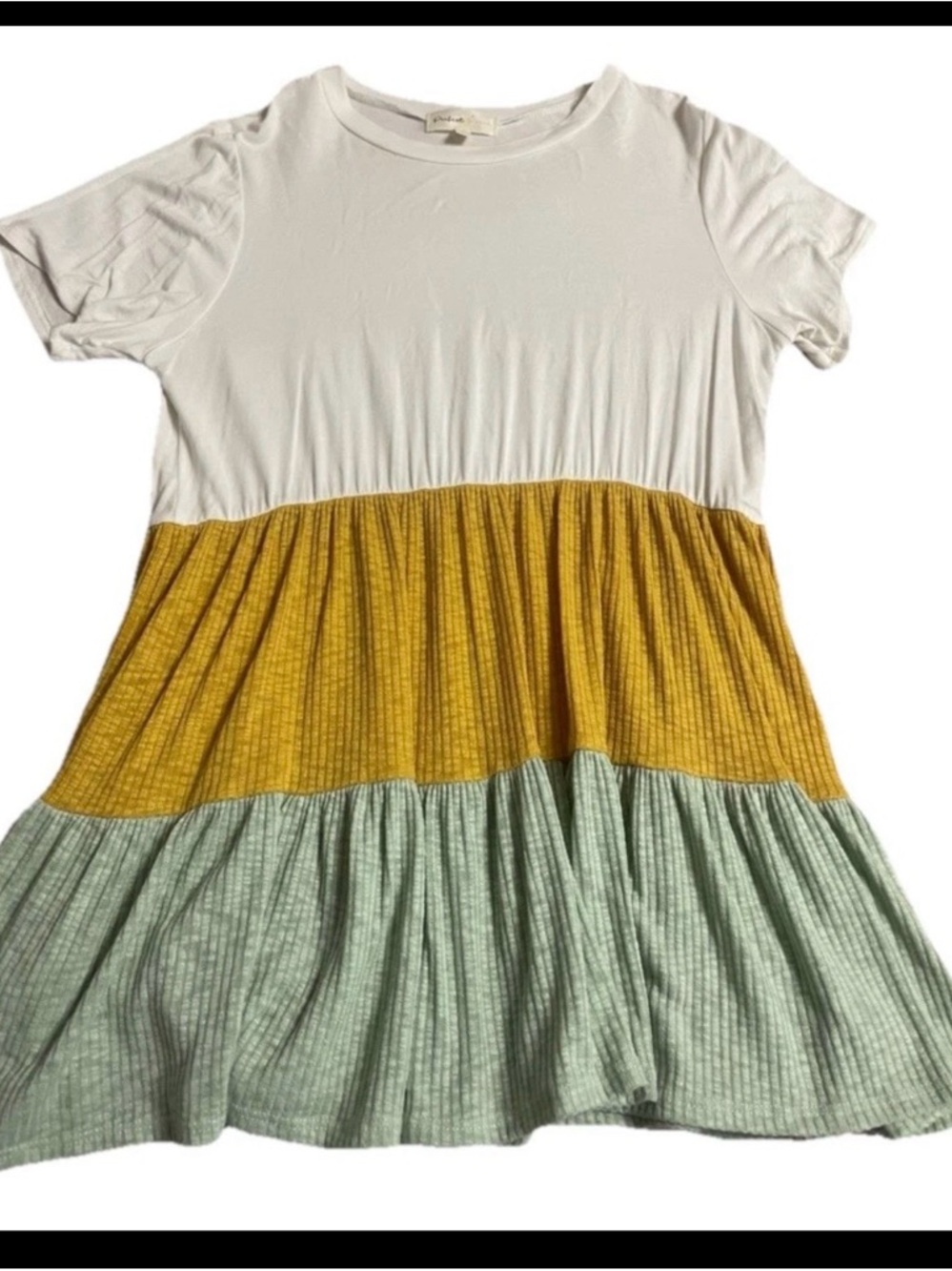 Women’s Colorblock Short Sleeve Tiered Blouse - White, Mustard & Sage